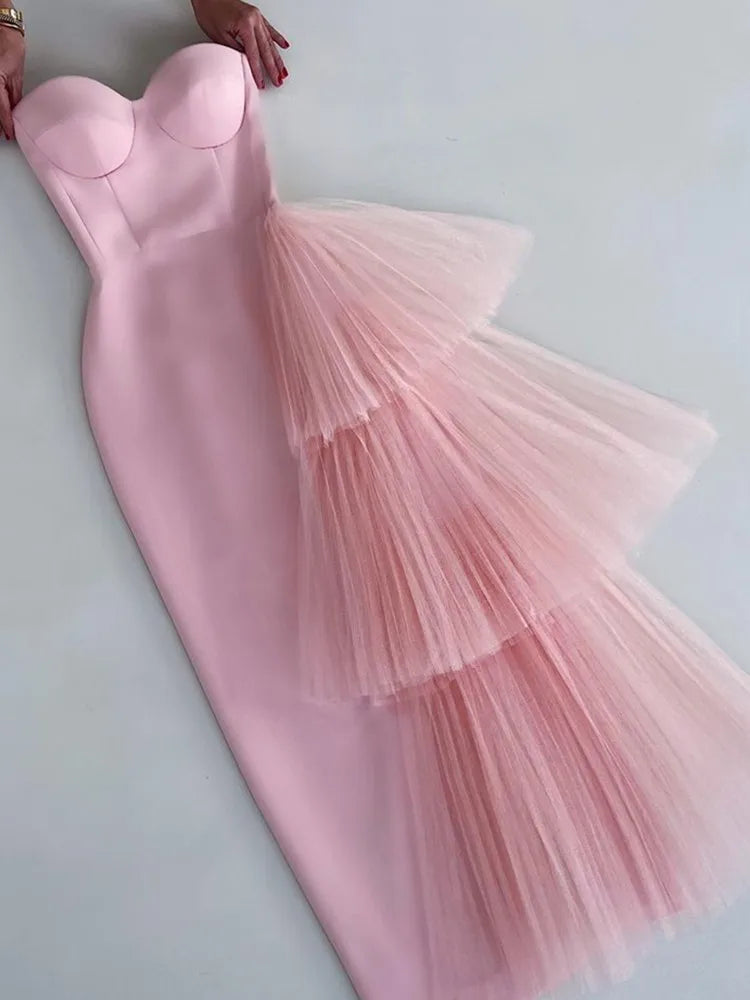 New Pink Color Women Strapless Sexy Ruffles Bodyocn Mid-Calf Dress Rayon Bandage Celebrate Birthday Party Dress Wholesale