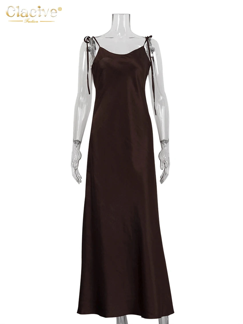 Elegant Brown Satin Maxi Dress for Women with Sleeveless Straps and Backless Design - Summer 2025 Collection