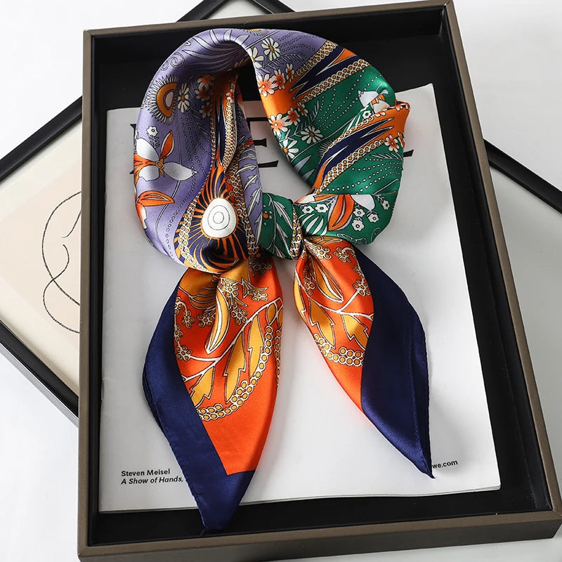 Luxury Brand 2023 Silk Square Scarf Women Cat Neck Hair Tie Band Beach Hijab Kerchief Head Headbands Bandana Female Foulard 70Cm