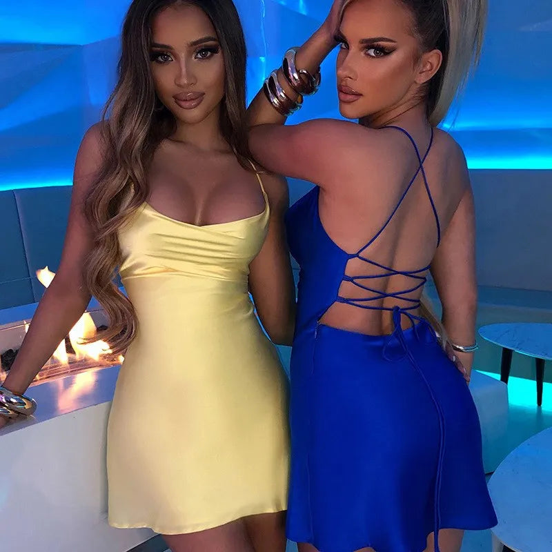 Elegant Backless Mini Dress for Women with Spaghetti Straps and Pleated Lace-Up Design, Ideal for Y2K Party and Clubwear