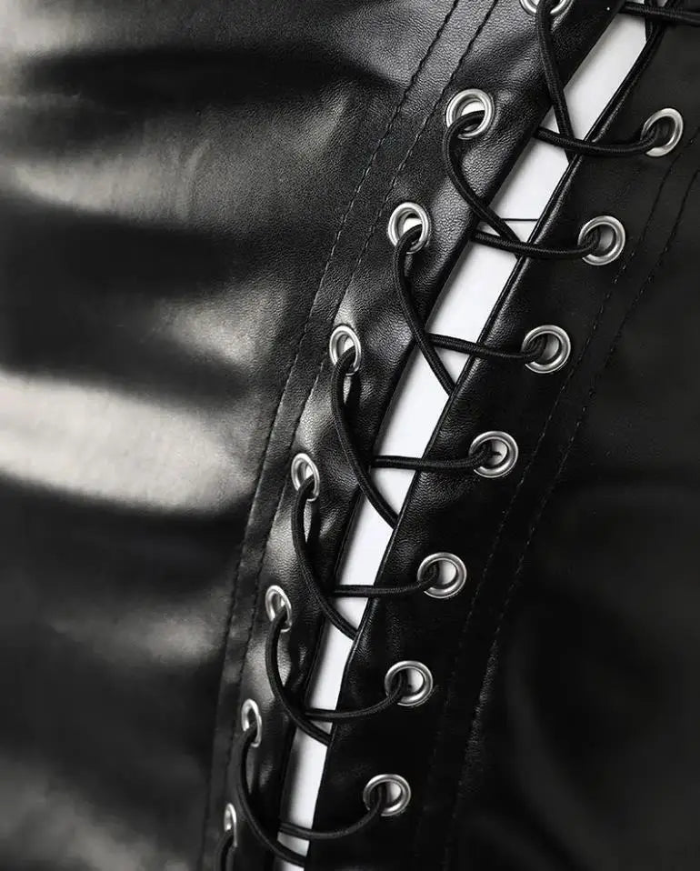 Women'S Sexy Leather Skirt 2024 Summer New High Waist Pu Leather Mesh Lace up Short Skirt Tight Wrap Hip Half Mini Short Skirt