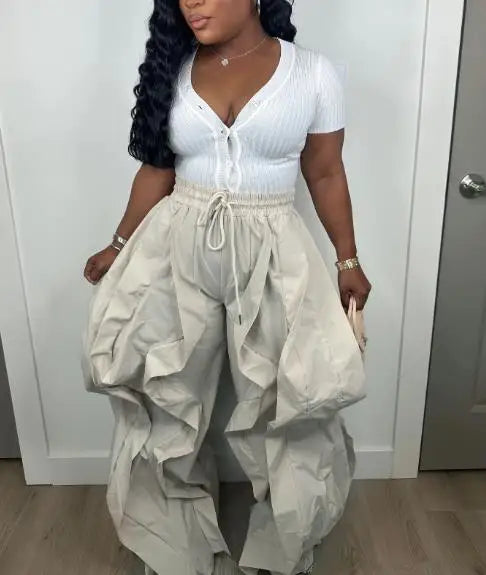 Elegant Women's Cargo Pants with Patchwork Lace and Pleated Waistband, Trendy Drawstring Design for Commuting