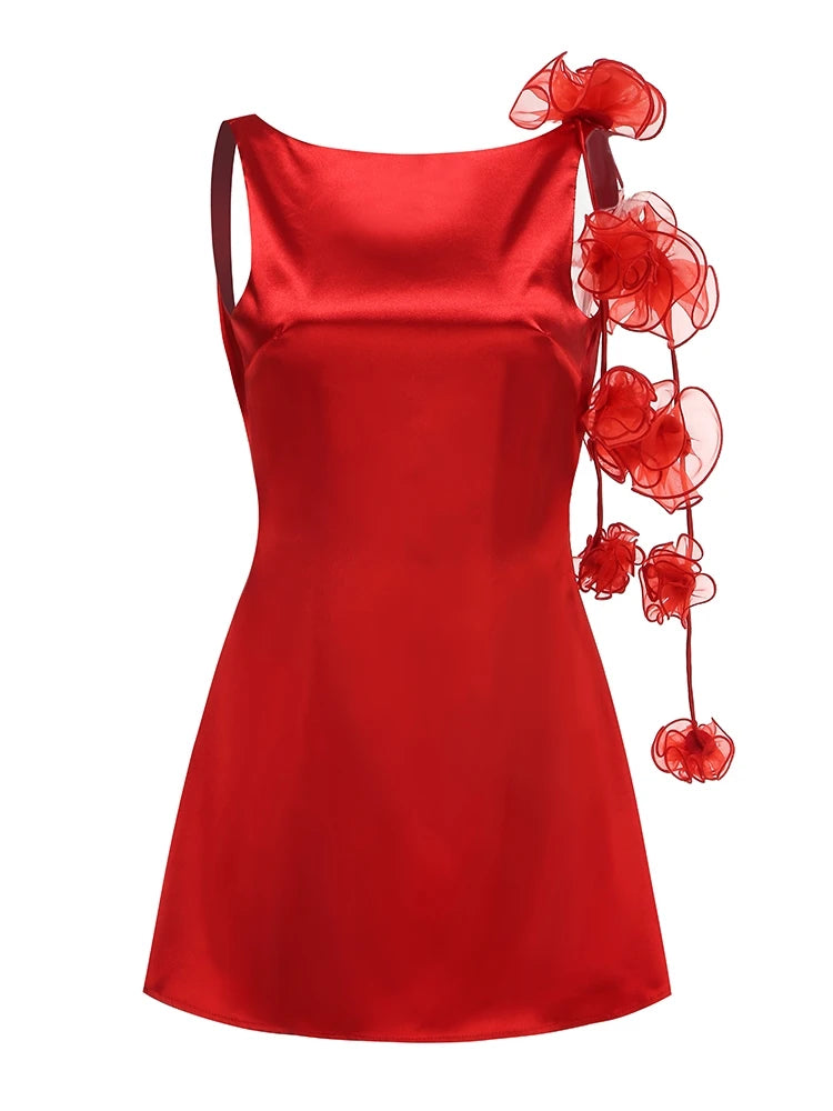 Sexy Sleeveless Flower Draped Design Mini Dress Women Red White Backless Floral Slim Dresses Elegant Evening Club Party Cocktail