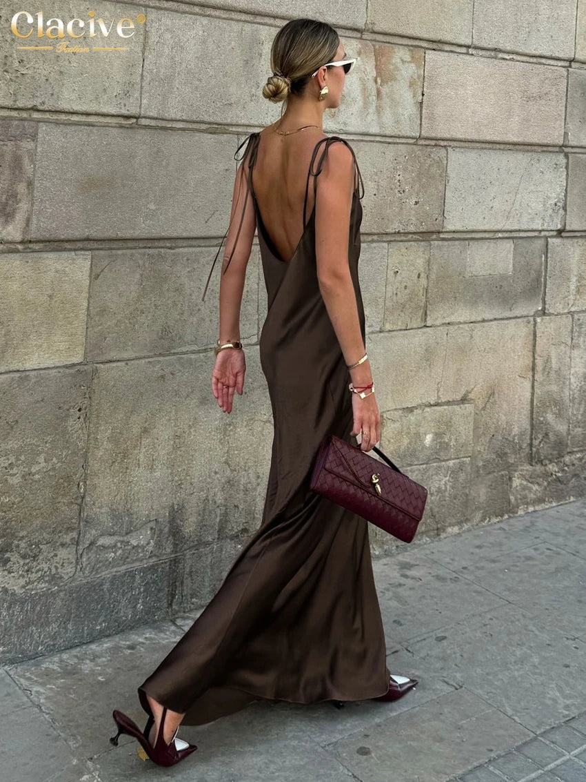 Elegant Brown Satin Maxi Dress for Women with Sleeveless Straps and Backless Design - Summer 2025 Collection