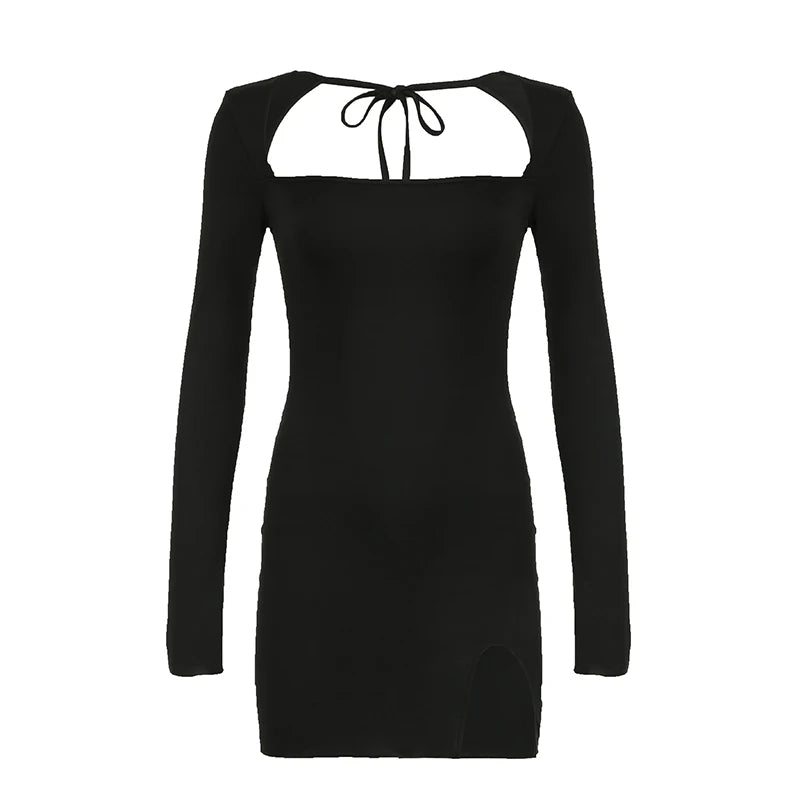 Women's Autumn Fashion Long Sleeve Split Lace-Up Mini Dress - Black Backless Casual Slim Fit Streetwear