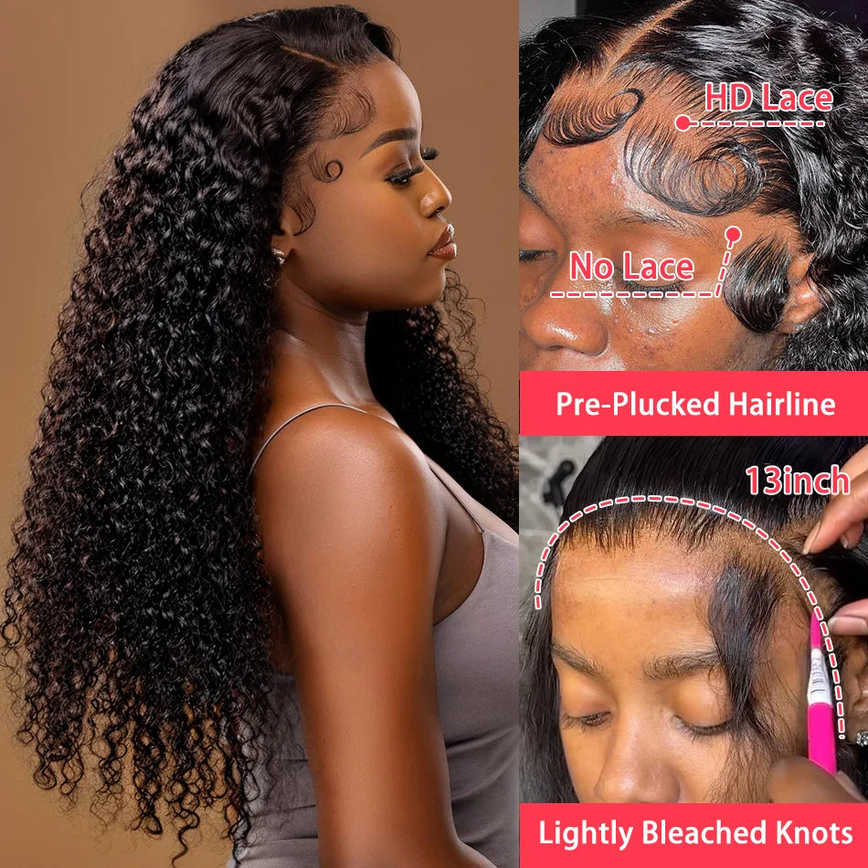 Premium 100% Human Hair Lace Front Wigs - HD Deep Wave, Water Curly, and Glueless Closure Options in 30 and 40 Inches, Kinky Texture by Weargo