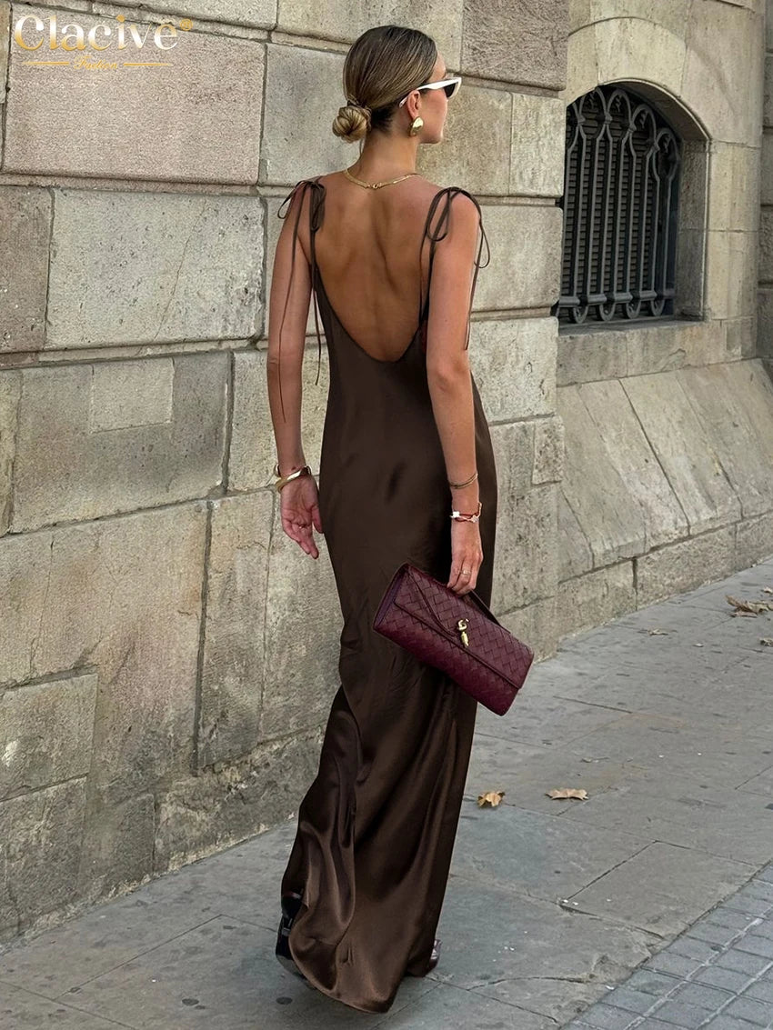 Elegant Brown Satin Maxi Dress for Women with Sleeveless Straps and Backless Design - Summer 2025 Collection