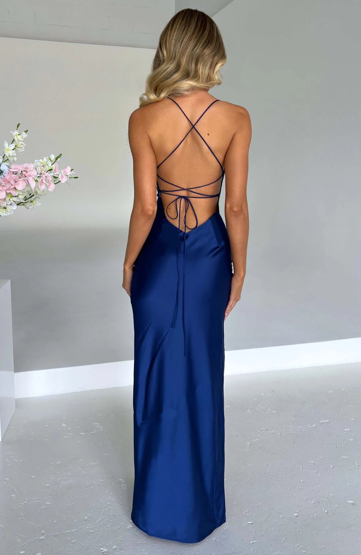 New Fashion Satin Lace up Long Dress for Women'S Spring and Summer Party Club Evening Dress, Sexy Backless Side Slit Dress