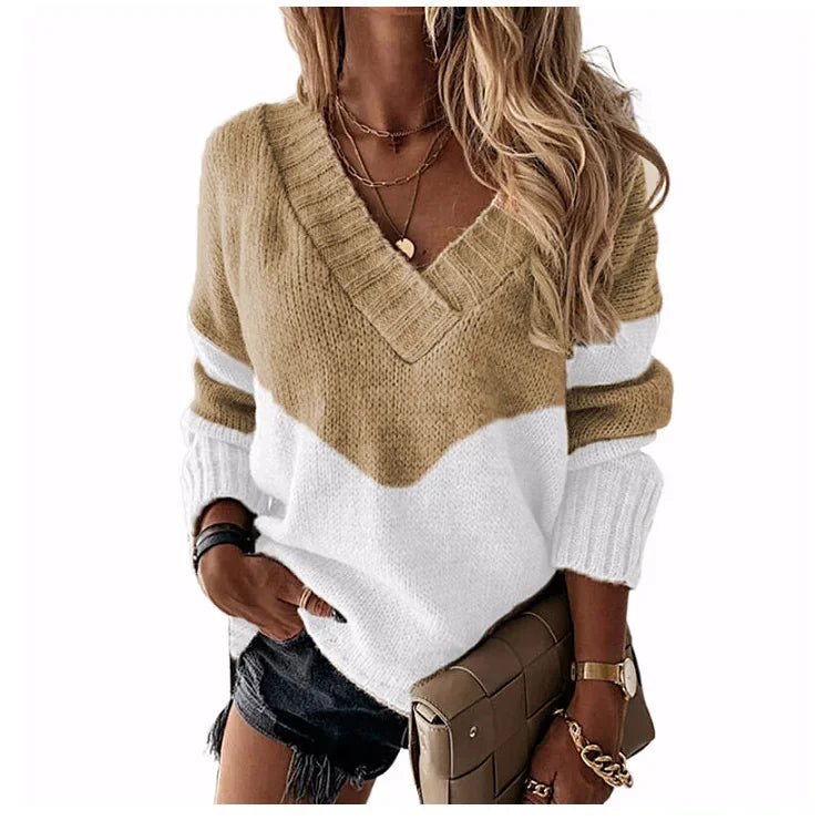 Women'S Sweater Autumn Fashion Colorblock Long Sleeve V Neck Casual Daily Pullover Loose New Knit Sweater Womens Clothing