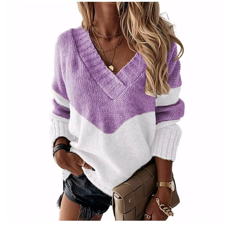 Women'S Sweater Autumn Fashion Colorblock Long Sleeve V Neck Casual Daily Pullover Loose New Knit Sweater Womens Clothing
