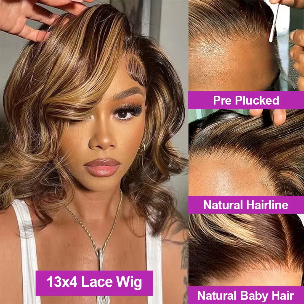 4/27 Ombre Highlight Bouncy Body Wave Bob Wig Glueless 7X5 13X4 Lace Front Bob Wigs Brazilian Human Hair Wear and Go Bob Wig