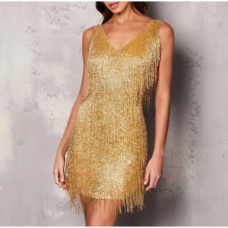 2025 Elegant Women's Mini Dress with Tassel, Sequins, and Feathers - Spaghetti Strap Evening and Party Wear