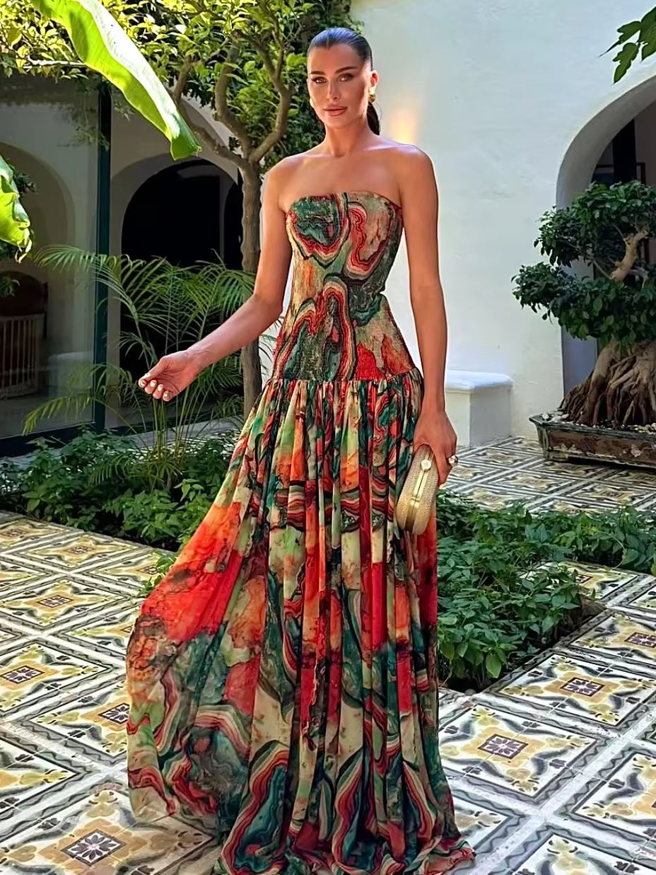 Elegant Pleated Waist Strapless Dress for Women - New Printed Colorful Long Gown for Summer Vacation and Parties 2025