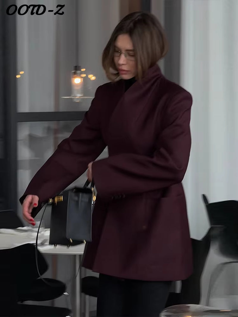 Elegant Waisted V-Neck Coat Women Loose Solid Pockets Long Sleeve Simple Coats Female 2025 Autumn Winter Fashion Lady Jacket