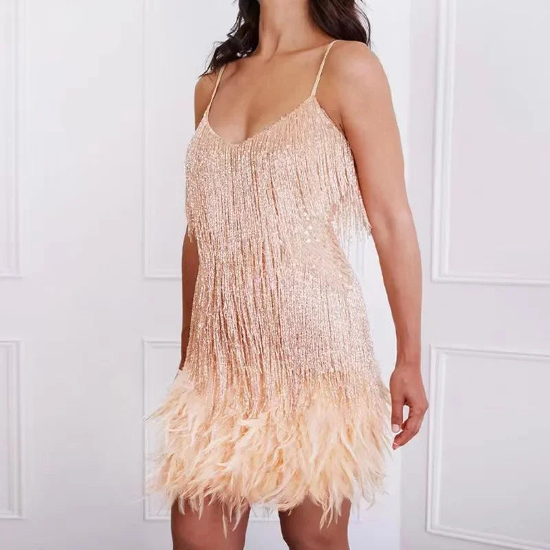 2025 Elegant Women's Mini Dress with Tassel, Sequins, and Feathers - Spaghetti Strap Evening and Party Wear