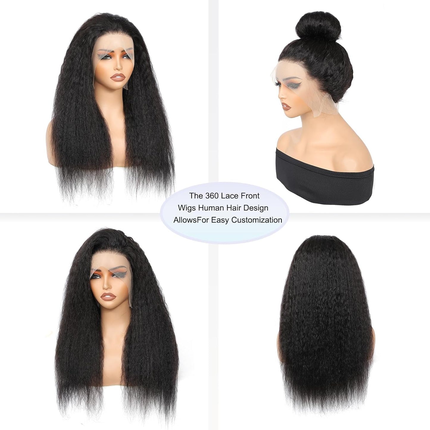 360 Lace Front Wigs Human Hair Kinky Straight Human Hair Wig 200 Density Kinky Straight Wig (Natural, 18 Inch)