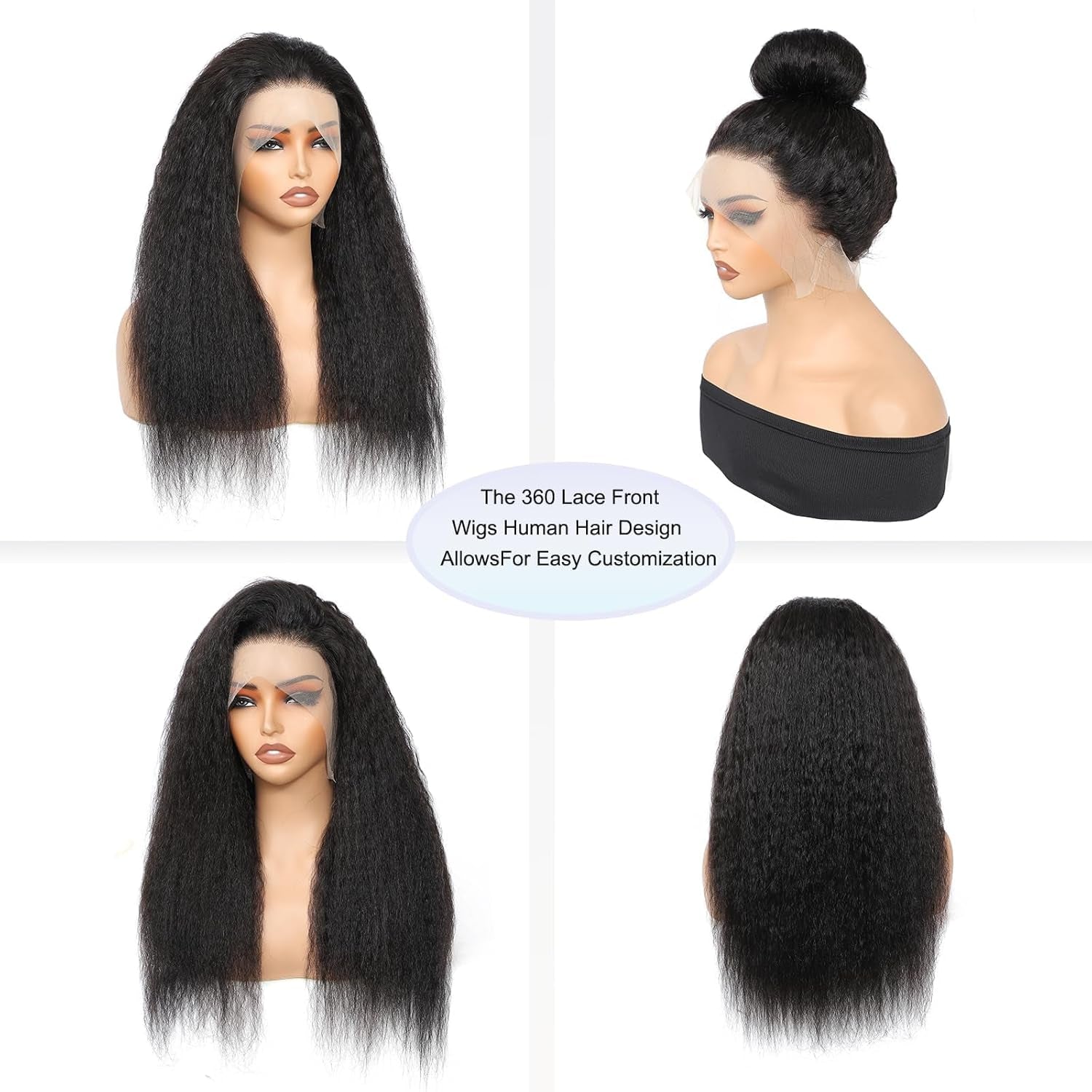 360 Lace Front Wigs Human Hair Kinky Straight Human Hair Wig 200 Density Kinky Straight Wig (Natural, 18 Inch)