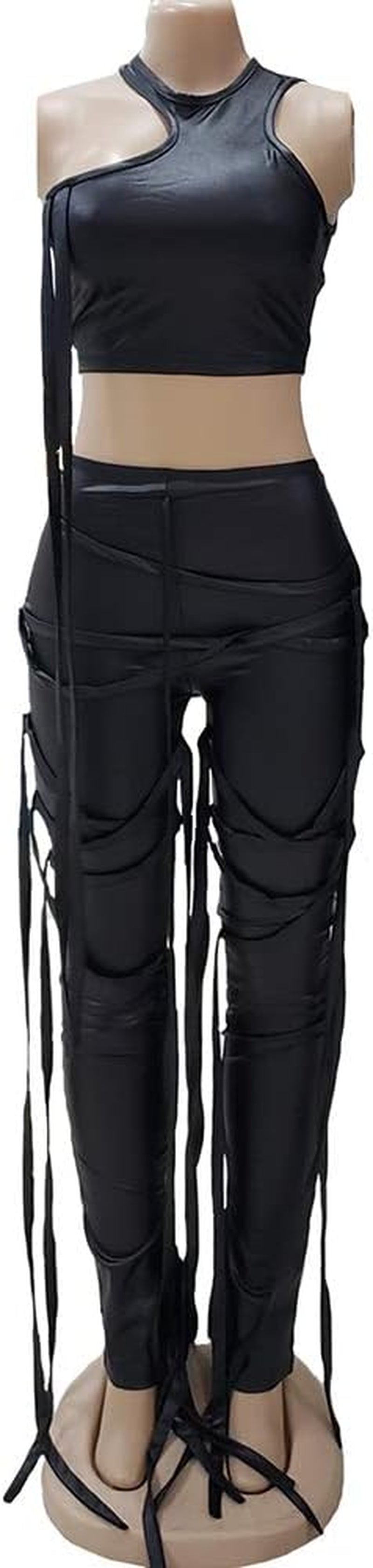 Women's Two-Piece Bandage Set with Elastic Irregular Tank Top and Lace-Up Bodycon Split Pants for Clubwear