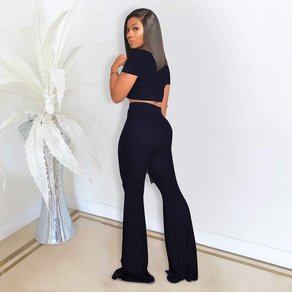 Women's 2-Piece Activewear Set - Elegant Crop Top and High-Waisted Flared Pants for Yoga and Fitness