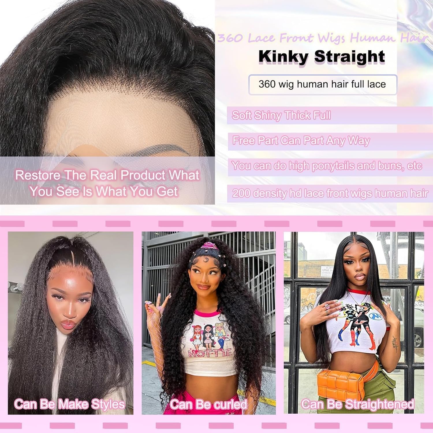 360 Lace Front Wigs Human Hair Kinky Straight Human Hair Wig 200 Density Kinky Straight Wig (Natural, 18 Inch)