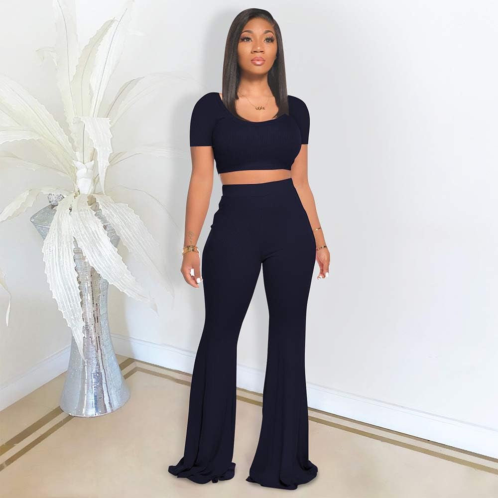 Women's 2-Piece Activewear Set - Elegant Crop Top and High-Waisted Flared Pants for Yoga and Fitness