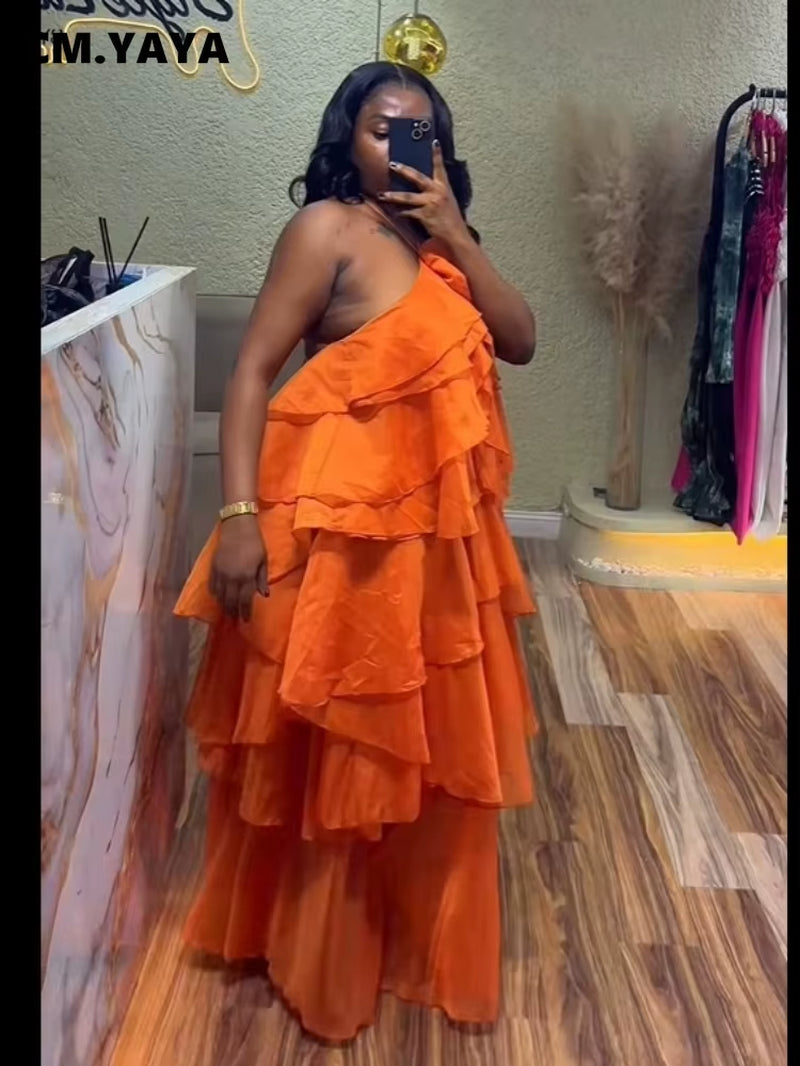 Women Sleeveless Ruffles Loose Ball Gown Smock Strap Maxi Long Sexy Dress 2025 Birthday Vacation Party Dresses Vestidos