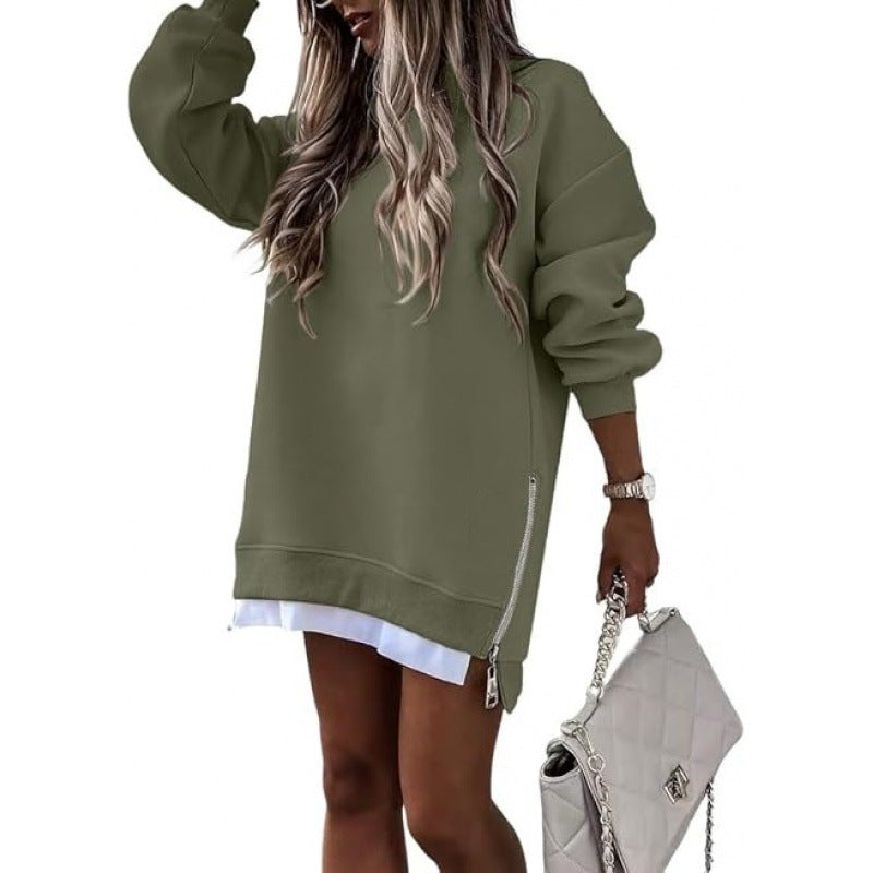 Women's Pullover Sweater with Side Zipper and Stitching Detail for Autumn and Winter Fashion