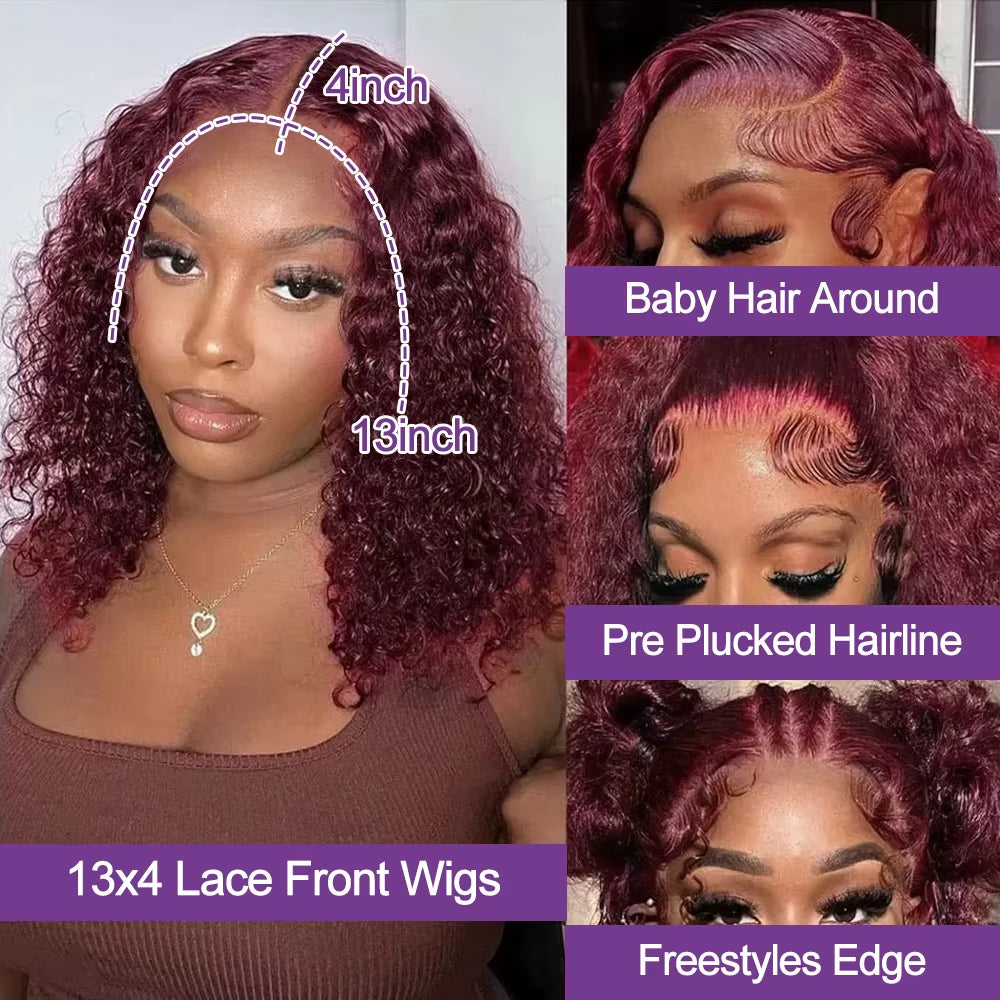 Burgundy 99J Deep Wave Bob Wigs Glueless Human Hair Short Kinky Curly Wig 13X6 Lace Front Wig for Women 13X4 HD Lace Front Wigs