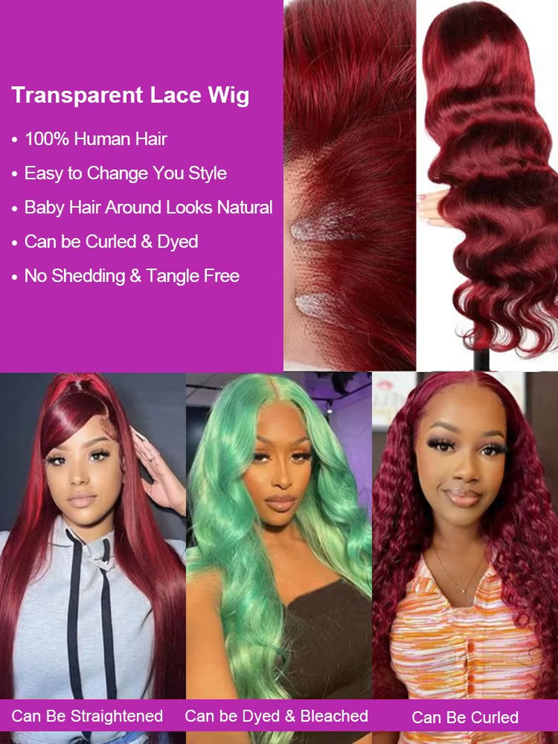 30 40 Inch 13X4 99J Burgundy Body Wave Lace Front Human Hair Water Wave 13X6 Hd Transparent Lace Frontal Wig Brazilian for Women