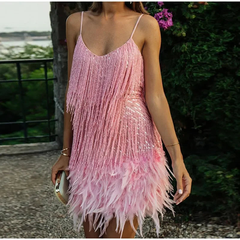 2025 Elegant Women's Mini Dress with Tassel, Sequins, and Feathers - Spaghetti Strap Evening and Party Wear