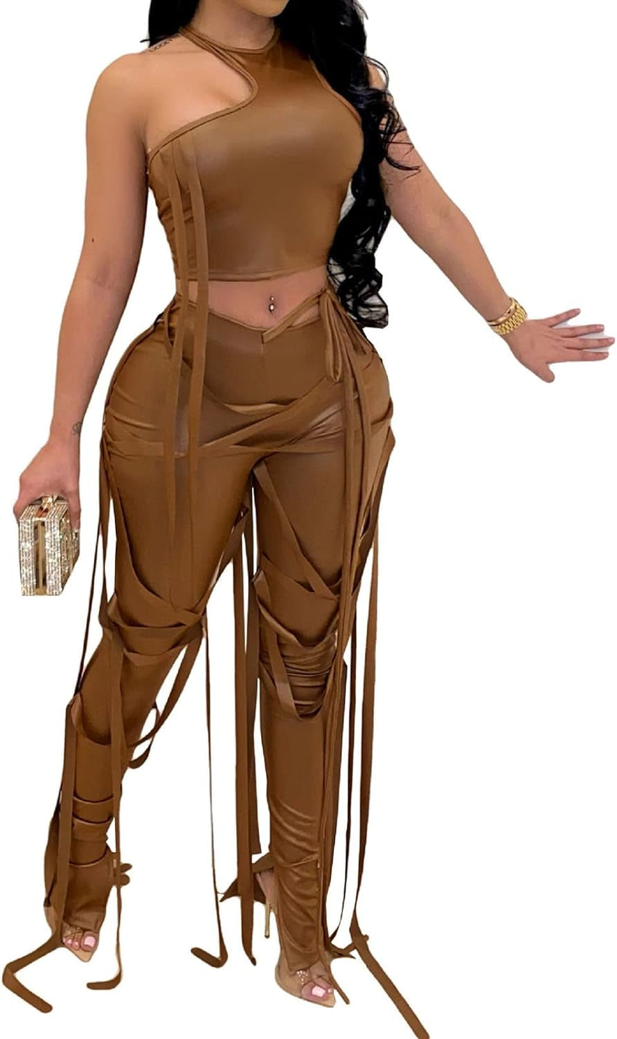 Women's Khaki PU Leather Two-Piece Set: Irregular Sleeveless Tank Top with Lace-Up Bodycon Split Pants - Size XL