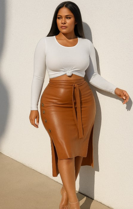 Fashion New Women'S Faux Leather Midi Skirt High Waist Button Trim Slim Solid Color Slit Bodycon Pencil Skirt with Belt